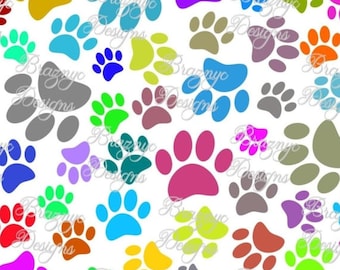 May include: A white background with a repeating pattern of colorful paw prints. The text "SVG PNG JPG" is in a yellow banner across the top of the image.