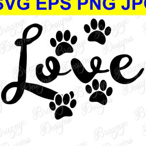 Huellas de perro y tipografía de amor: dibujo vectorial de huella de perro para camisetas, artículos de papelería y decoración del hogar: descarga instantánea de SVG, EPS y PNG