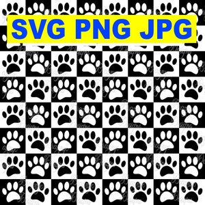 Diseño gráfico de huellas de patas de perro con patrón de cuadros en blanco y negro: SVG, PNG y JPEG para decoración del hogar: cortinas, almohadas, camas para perros y fondos