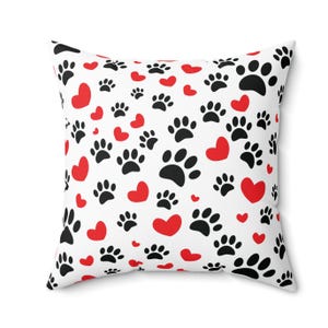 Dog Lover Paw and Red Hearts Spun Polyester Square Pillow - Small, Medium, Standard and Large - Gift idea