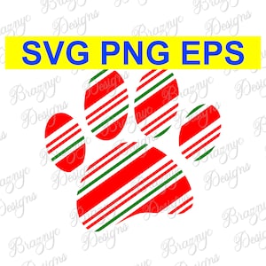 Christmas Candy Cane Pattern Dog Paw Print- Red White Green Stripes For Decor And Stationery For Dog Lovers - Instant Download SVG PNG EPS