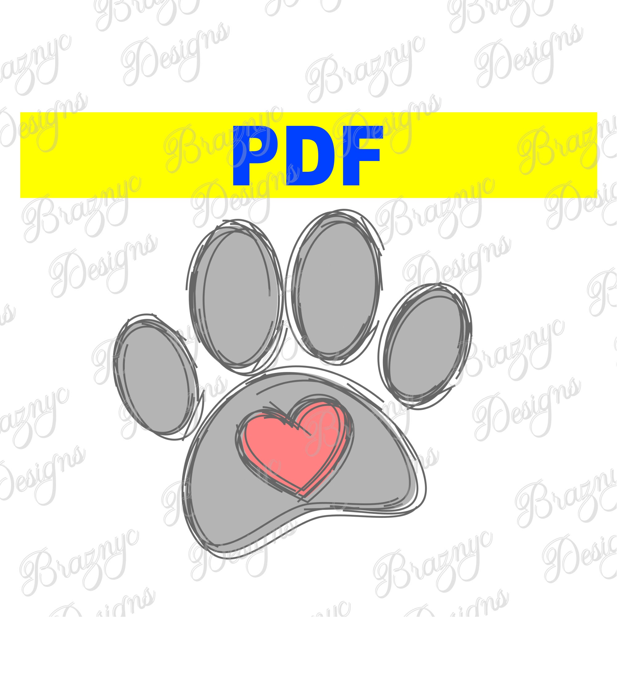 Sketched Dog Paw Print And Red Heart - Digital Drawing - Printable Wall Art For Dog Lovers - Instant PDF Download