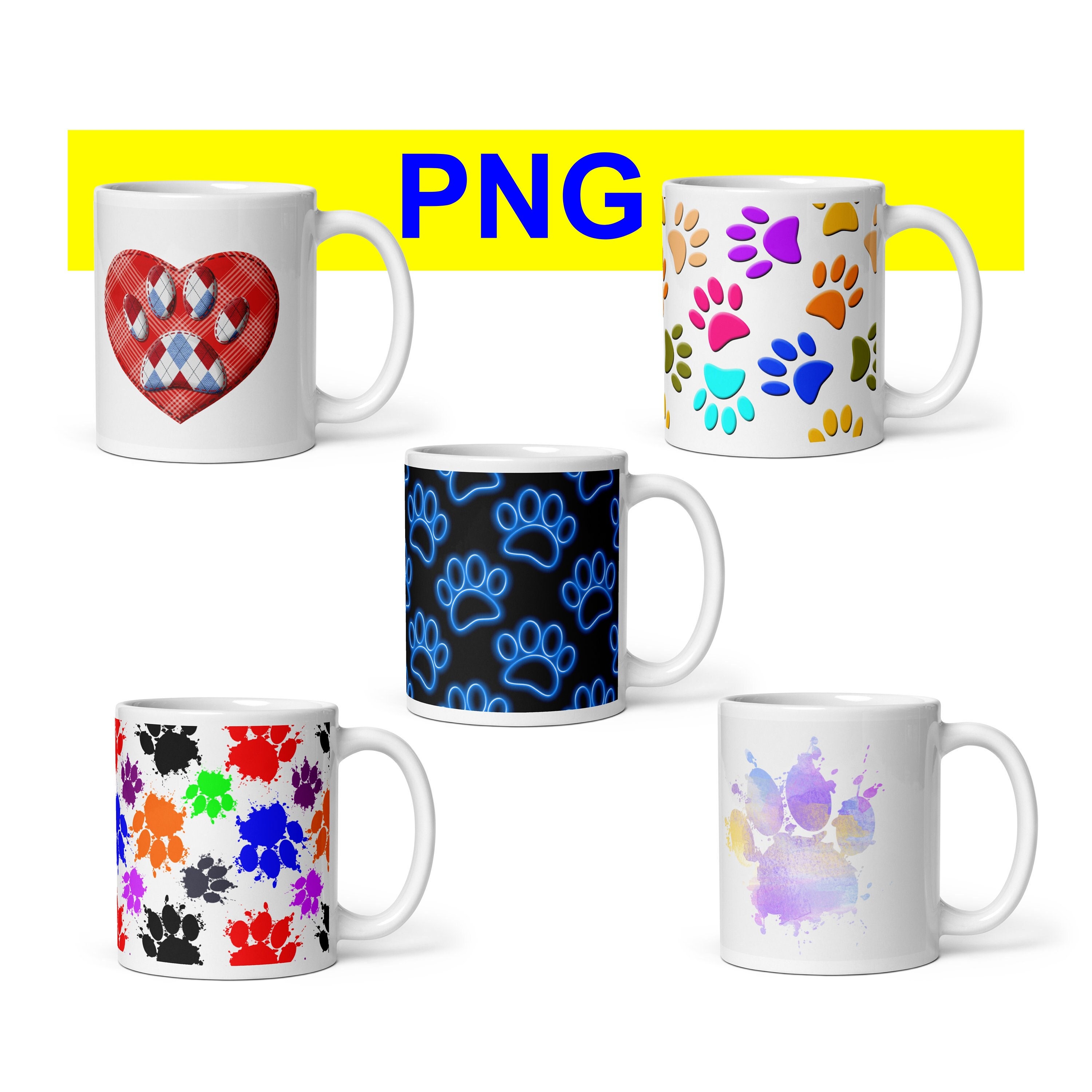 Dog Paw Print Bundle - Sublimation Printing Template Designs For 11 oz 15 oz Coffee Mugs - Instant PNG Download