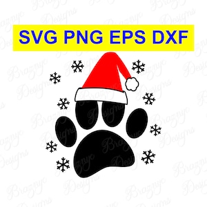 Archivo de corte SVG de pata de Papá Noel: dibujo de estilo animal de dibujos animados con huella de pata de perro y gorro de Papá Noel: descarga instantánea de archivo SVG PNG