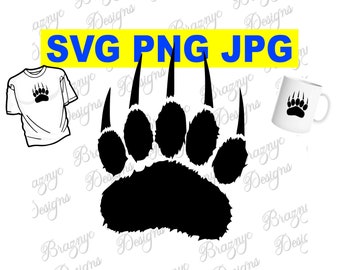 May include: Black bear paw print design with the text "SVG PNG JPG" in a yellow and blue banner. Includes a white t-shirt and a white mug, each with the bear paw print.