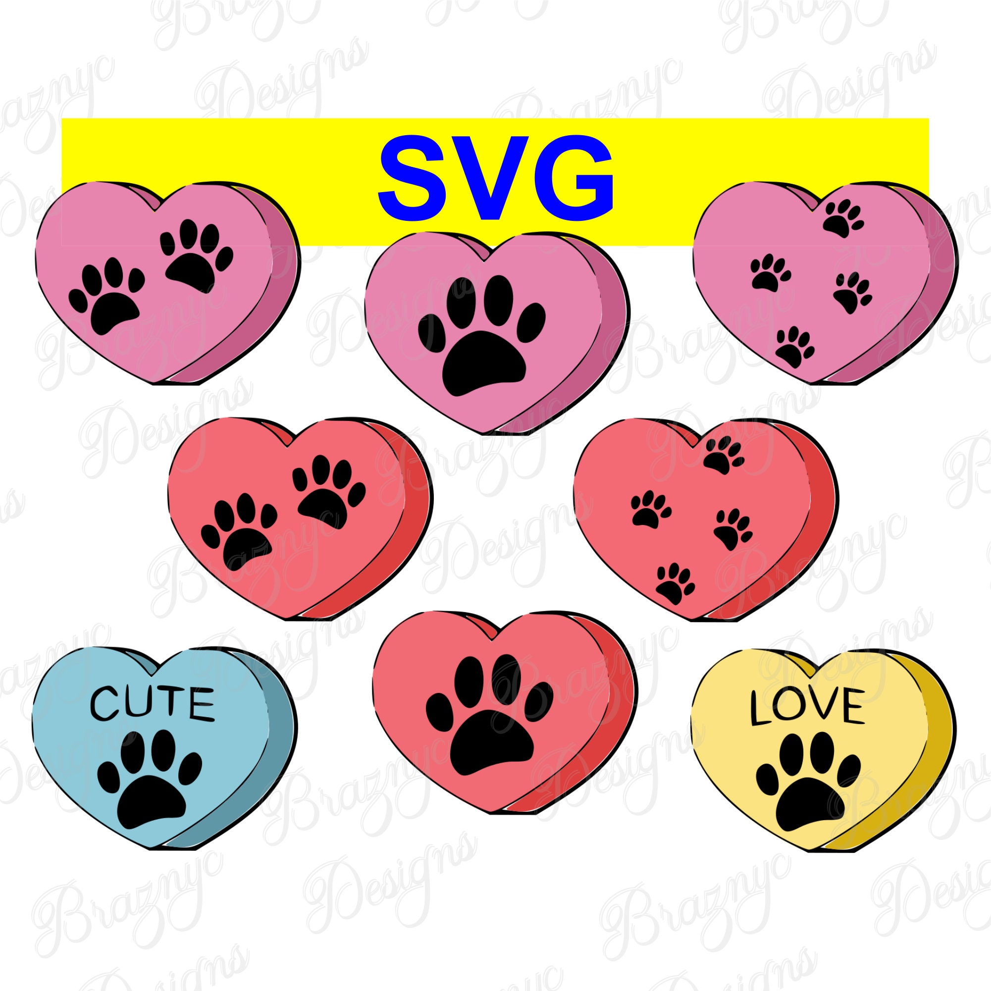 Valentines Heart Candy Dog Paw Print Bundle Cartoon Drawings for Dog