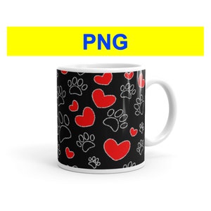 Disegni di impronte di zampe di cane e cuore scarabocchiato - Amanti dei cani, mamma di cani Disegni a sublimazione per tazze da caffè da 11 oz e 15 oz - Download PNG istantaneo