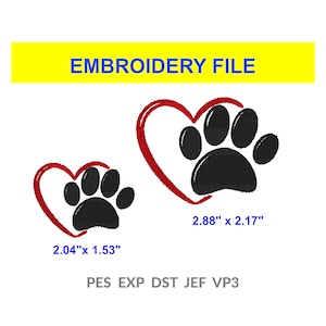 Dog Paw Print And Heart Embroidery File For Customized Products - 4x4 Inch Hoop Digital Format Download   - Great For Gifts