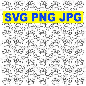 Impronte di zampe di cane e linee di ossa su sfondo bianco - Motivo universale per l'arredamento della casa: tende, cuscini, cucce per cani - Download immediato di SVG PNG