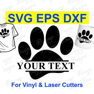 Gesplitste frame hondenpootafdruk voor aangepaste tekst - voor gepersonaliseerde hondenproducten - dierlijke digitale download SVG EPS DXF vinyl- en lasercutterbestanden