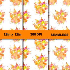 May include: Seamless digital paper pattern featuring watercolor paw prints in shades of orange, yellow, and pink on a white background. The pattern is 12 inches by 12 inches and 300 DPI.