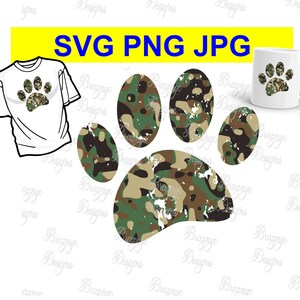 Distressed Camo Dog Paw Print - Vector Dog Paw Drawing For T Shirts, Home Decor - Instant SVG PNG JPG Download