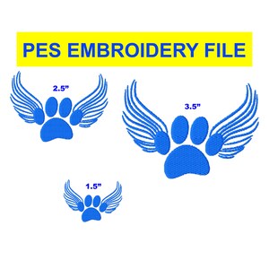 May include: Three embroidery designs of a blue paw print with wings. The designs are 1.5 inches, 2.5 inches, and 3.5 inches in size.