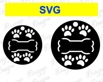 Round Pet ID Tag SVG With Bone And Dog Paw Prints  - For DIY Projects - Templates For Laser and Vinyl Cutting Machines - Instant Download