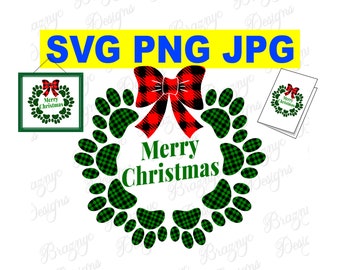 Christmas Wreath Dog Paw Print- Buffalo Patterns For Decor And Stationery For Dog Lovers - Instant Download SVG PNG JPG