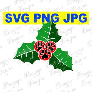 Impressions de pattes de chien feuilles de houx et baies - dessins pour décoration de Noël et papeterie pour les amoureux des chiens - téléchargement immédiat SVG PNG JPG