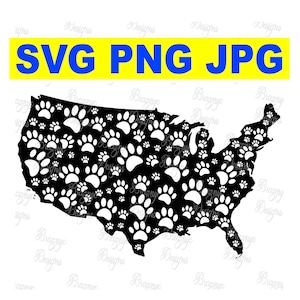 Hund Pfotenabdrücke überall in der USA Landkarte - Schwarz Weiß Hunde Pfoten Zeichnungen Für T Shirts, Schreibwaren Und Home Dekor - Instant svg png jpg Download