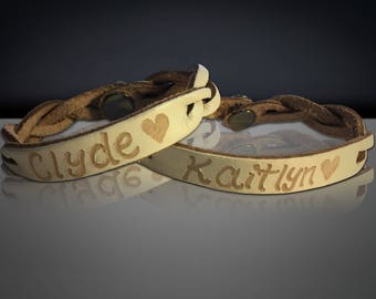 Personalized Leather Bracelets - Custom Engraved Bracelets - Matching His and Her Bracelets - Perfect Couples gift -personalize engrave gift