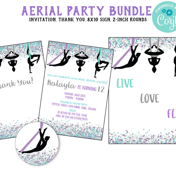 Aerial Silks Yoga Birthday Party Digital Invitation - Yoga Invitation - Yoga Digital Invite - Namaste Invite - You Print - Yoga Party Theme