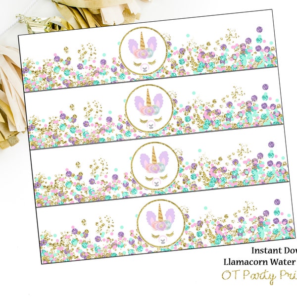 INSTANT DOWNLOAD - Llamacorn Birthday Printable - Llamacorn Labels - You Print - Llama Unicorn Water Bottle Wrappers - Pastel and Gold