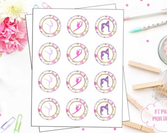 INSTANT DOWNLOAD - Gymnastics 2 Inch Round Labels - Pink Purple and Gold Theme - Gymnastics Favors - Gymnastics Cupcake Topper - Thank You