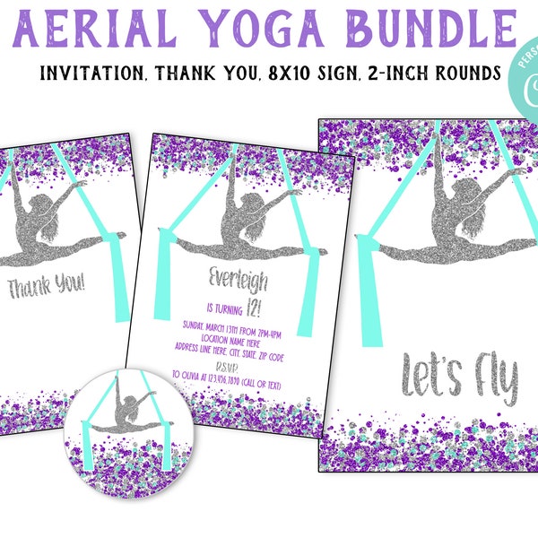 EDITABLE Aerial Silks Birthday Party Digital Invitation - Trapeze Digital Invite - Aerial Hoop Invite - You Print - Purple Teal Silver