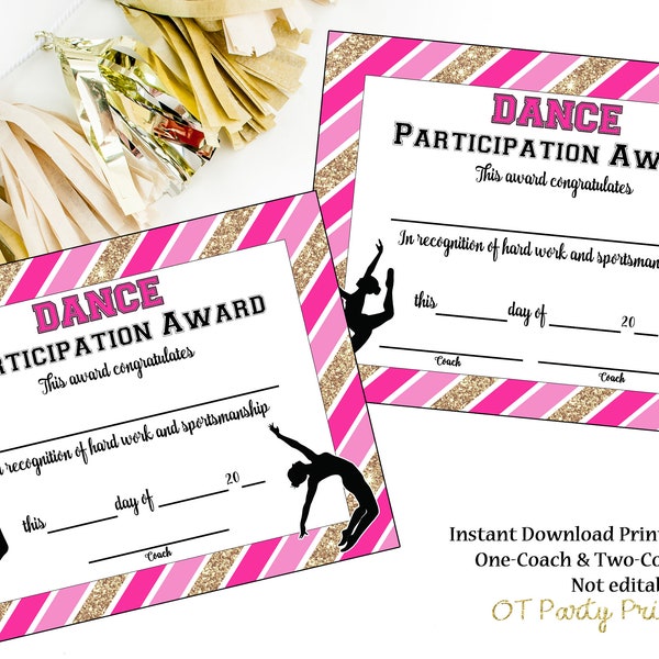 INSTANT DOWNLOAD - Dance Certificate - Dance Team Award - Dance Line Printable - Dance Achievement - End of Season Award