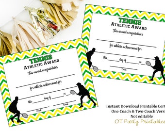 INSTANT DOWNLOAD - Tennis Certificate - Tennis Award - Tennis Printable - Tennis Achievement - End of Season Award - Boys and Girls Tennis