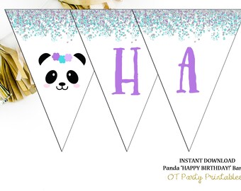 INSTANT DOWNLOAD - Panda Happy Birthday Banner - Digital Banner - You Print - Panda Birthday Party - Panda Face - Aqua Purple Silver