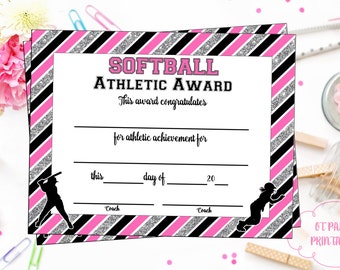 INSTANT DOWNLOAD - Softball Certificate of Achievement - Softball Award - Print at Home - Softball Certificate of Completion - Sports Award