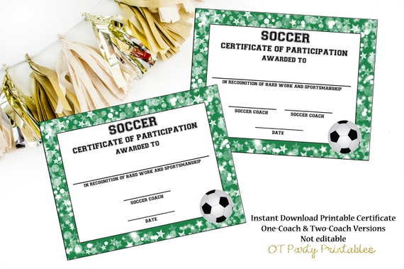 instant download soccer certificate of participation etsy