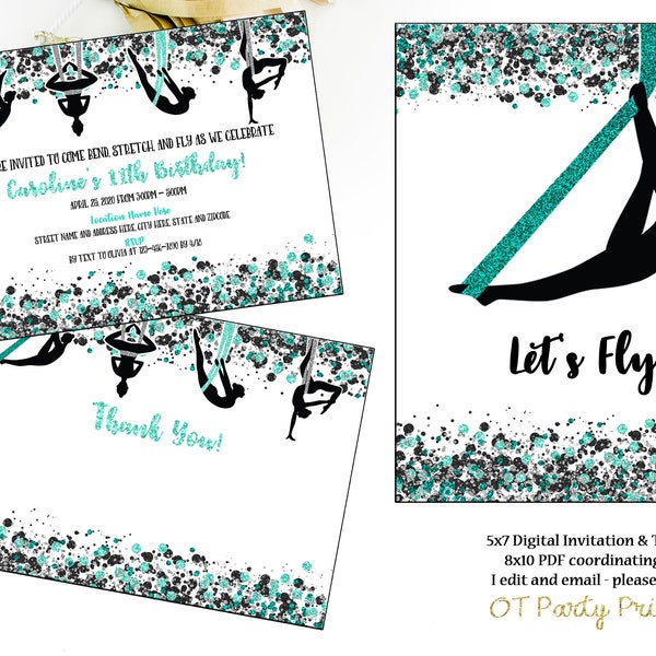 Aerial Silks Yoga Birthday Party Digital Invitation - Yoga Invitation - Yoga Digital Invite - Namaste Invite - You Print - Yoga Party Theme