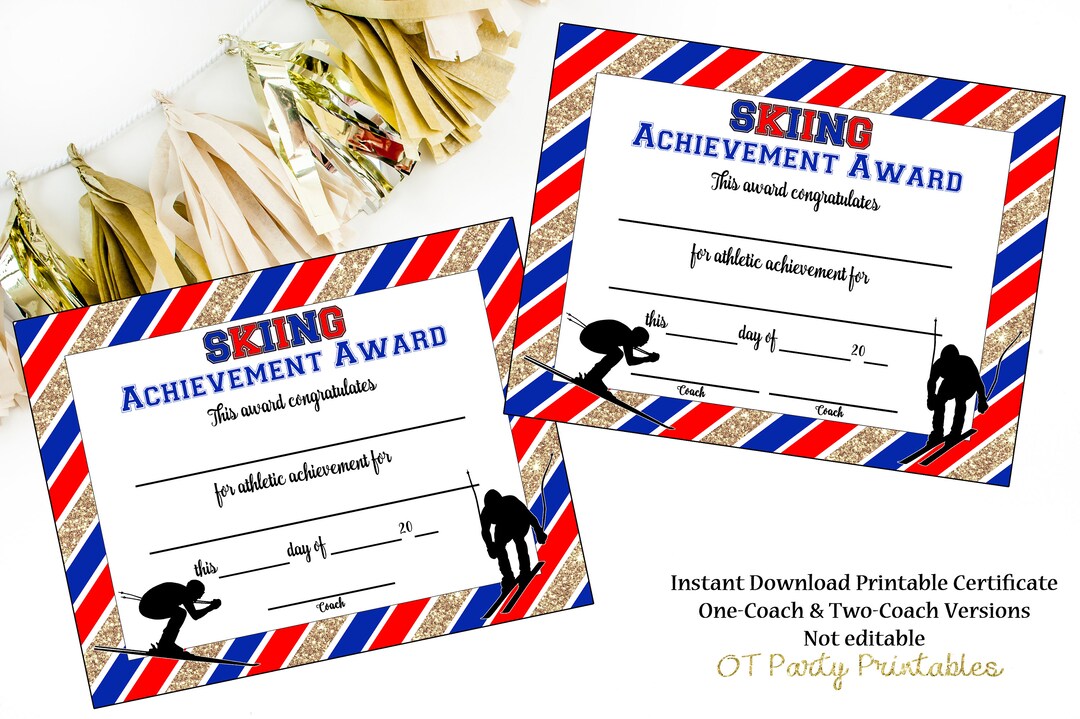 INSTANT DOWNLOAD Skiing Award Winter Sports Certificate Printable Skiing Award You Print Red ...