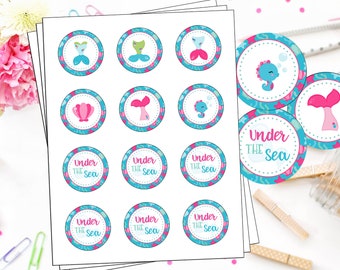 INSTANT DOWNLOAD - Mermaid Labels - You Print - Mermaid 2 Inch Round Labels - Mermaid Birthday Party - Under the Sea Party - Cupcake Toppers