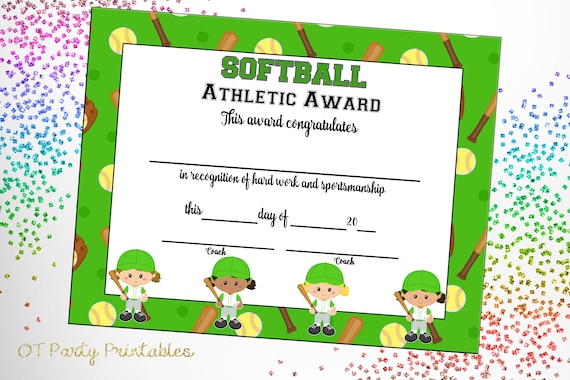 softball certificate of achievement softball award print etsy