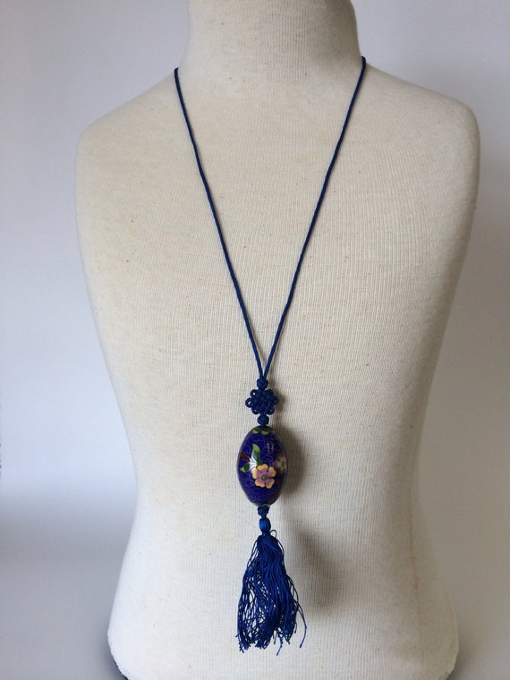 Cloisonne and Knotted Silk Cord Pendant Necklace