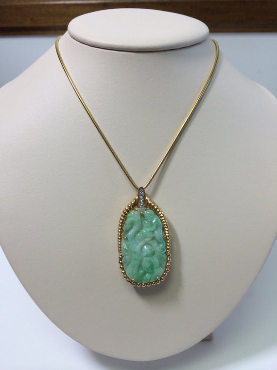 Carved Green Jade pendant / pin 14kt and diamonds - image 1