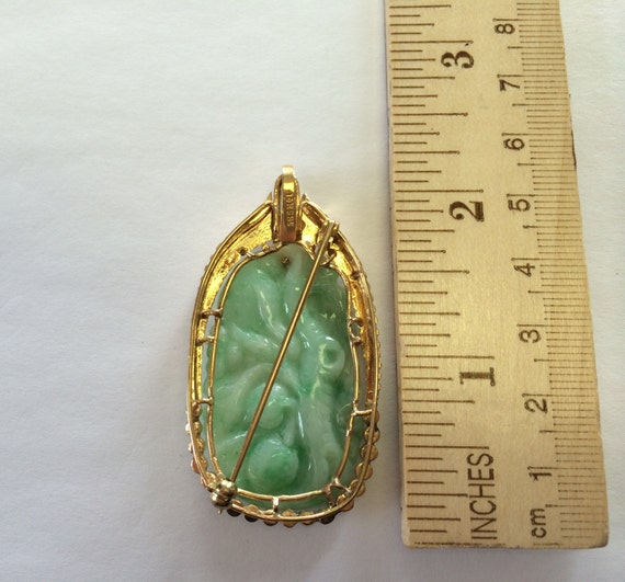 Carved Green Jade pendant / pin 14kt and diamonds - image 4