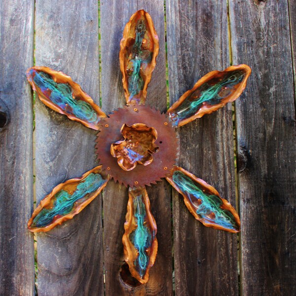 Copper Flower/Sun Wall hanging, patina ed and riveted with rusty saw blade center piece