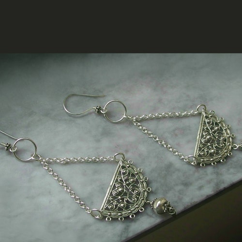 Long sterling silver earrings circle half shops moon boho pendulum large hanging filigree dangle round floral granulated oxidized Bali bead drop