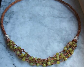Leather Kumihimo necklace braided sterling silver multi strand woven braided leather necklace gemstone green olive jade boho knotted leather