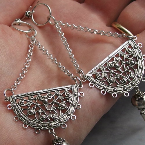 Long sterling silver earrings circle half shops moon boho pendulum large hanging filigree dangle round floral granulated oxidized Bali bead drop