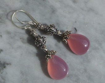 Pendiente de calcedonia rosa, pendiente rosa con piedras preciosas, colgante largo, llamativo, estilo bohemio AAA, con cuentas de Bali, rosa bebé, chicle, burbuja, suave, oxidado, granulado.