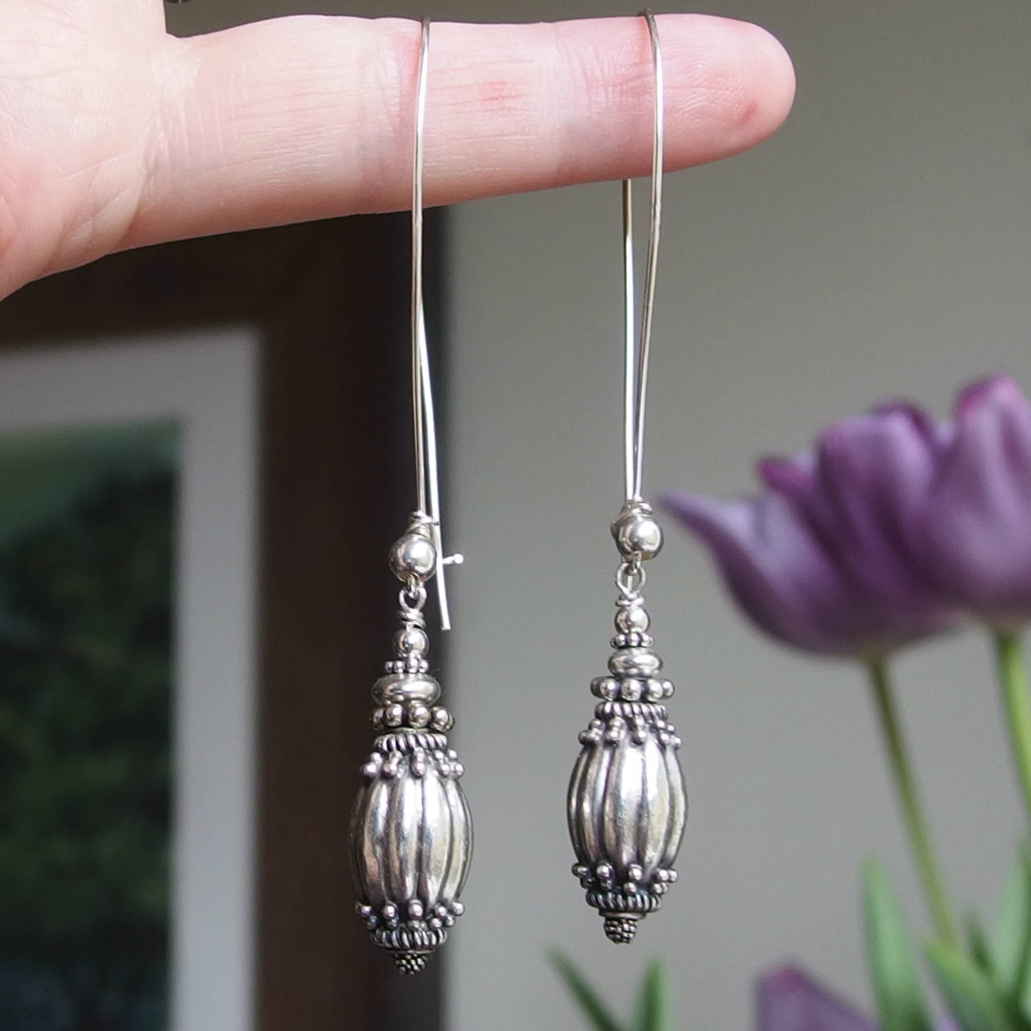 Long sterling silver Bali bead earrings torpedo granulated Etsy