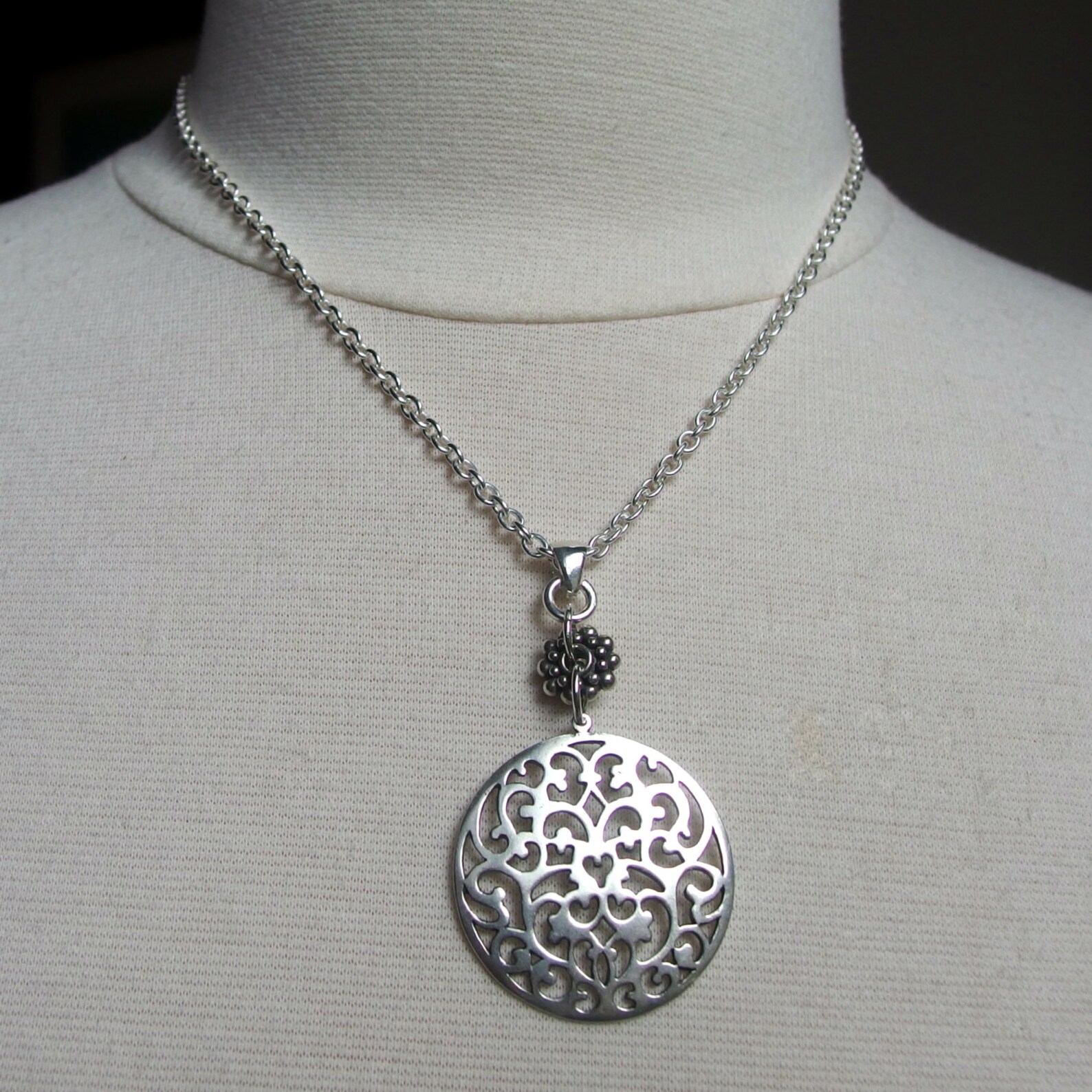 Large Silver Necklace Disc Pendant Sterling Silver Bali Bead Etsy