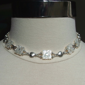 mother of pearl necklace choker MOP wedding bridal jewelry silver sterling carved flower luster adjustable versatile white cream reversible
