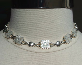 mother of pearl necklace choker MOP wedding bridal jewelry silver sterling carved flower luster adjustable versatile white cream reversible