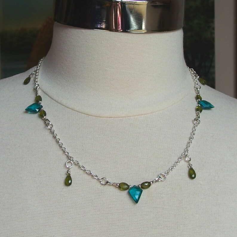 blue green necklace station gemstone AAA olive teal quartz necklace boho spike necklace jewelry vesuvianite necklace chain silver sterling