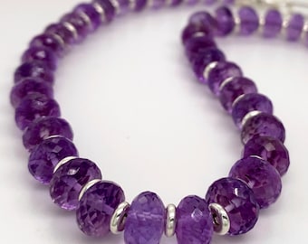 Gargantilla de amatista facetada – Collar de plata de ley con rondelle, ajustable