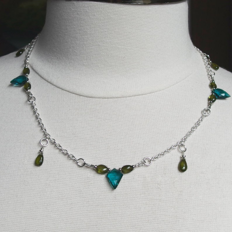 blue green necklace station gemstone AAA olive teal quartz necklace boho spike necklace jewelry vesuvianite necklace chain silver sterling